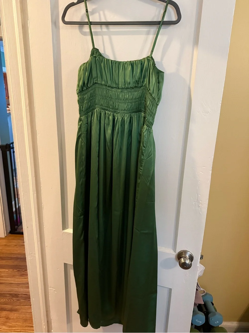 Abercrombie & Fitch Green Smocked Satin Spaghetti Strap Maxi Dress